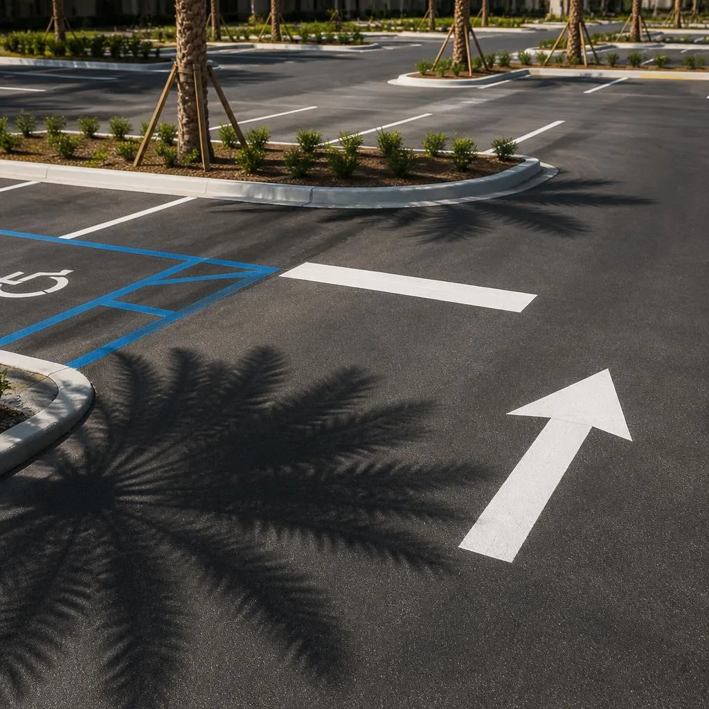 Conceptual parking layout with marked stalls, an access aisle, and directional guidance